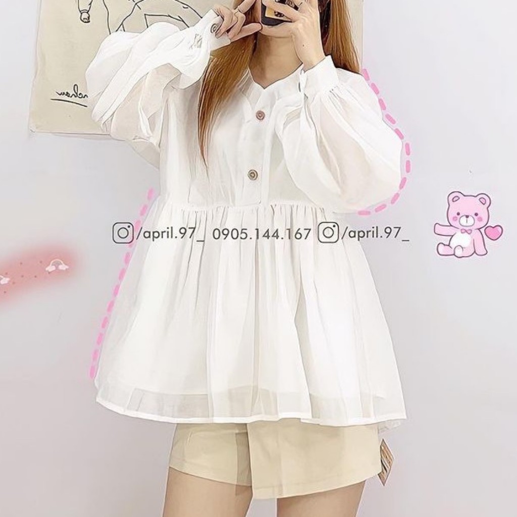 Áo babydoll voan tơ tay bồng nút giả gỗ cực xinh cho nữ, phong cách Hàn Quốc (ảnh thật)- Hàng có sẵn