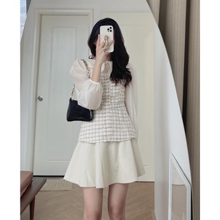 (ảnh thật) Audrey Áo dạ tweed phối voan cổ sen