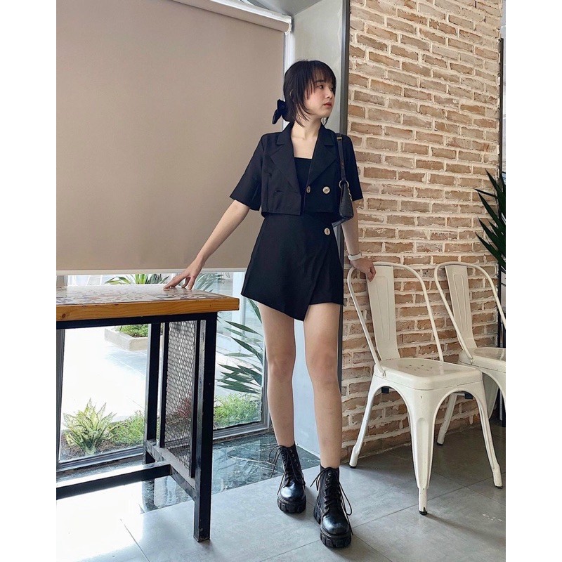 Set vest croptop Jin Closet chất umi,áo vest,quần giả váy
