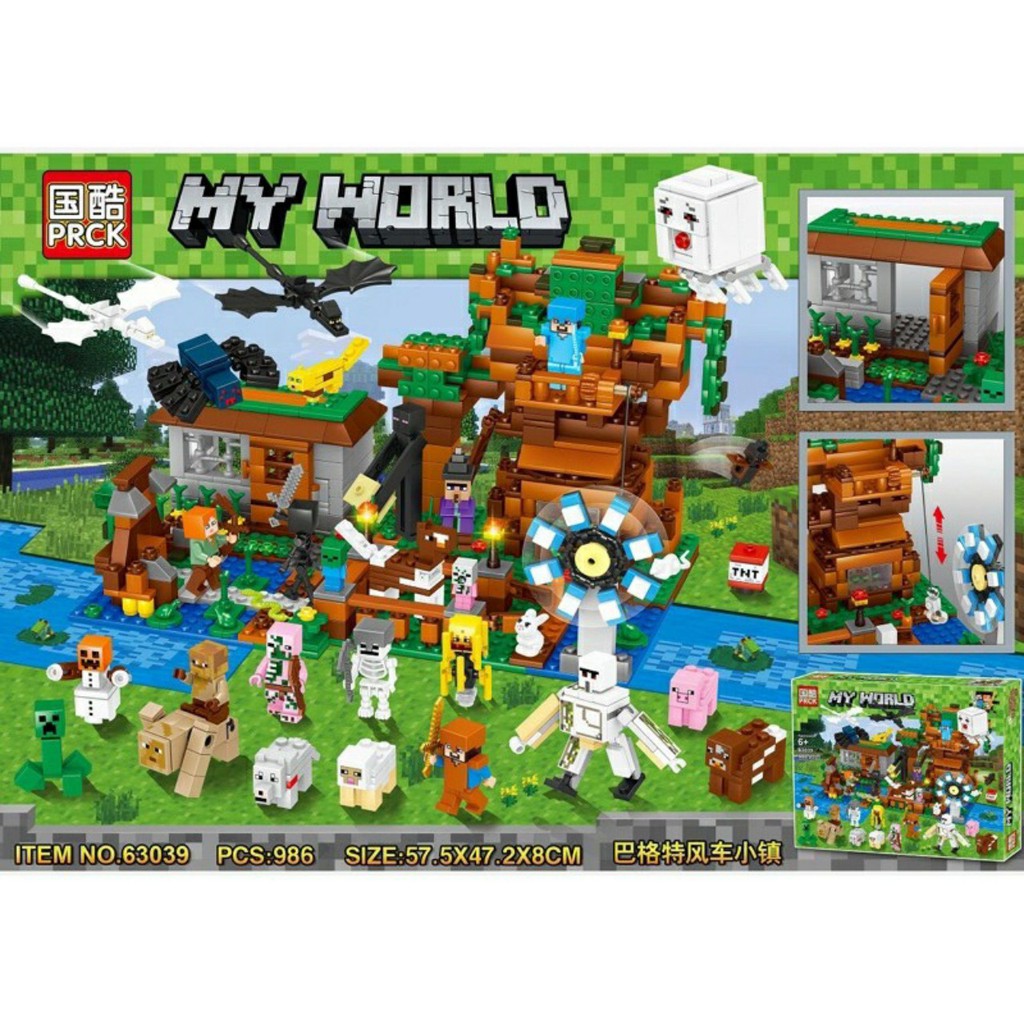 Đồ chơi lắp ghép Lego Minecraft - PRCK 63039 ( Xếp hình nông trại,phòng thủ bên đập nước 986 khối)