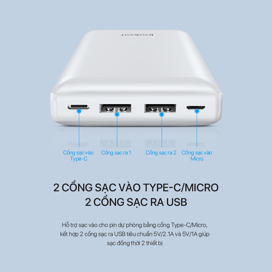 Pin Sạc Dự Phòng 20000mAh ROBOT RT20 Công Suất 10W 2 Output USB &amp; 2 Input Micro Type-C Bảo Hành Chính Hãng 12 Tháng