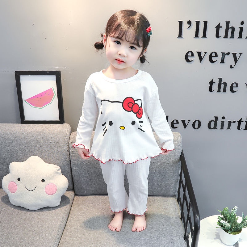 Bộ Đồ Ngủ Tay Dài Chất Cotton Mỏng Nhẹ Thời Trang Xuân Thu Xinh Xắn Cho Bé Gái