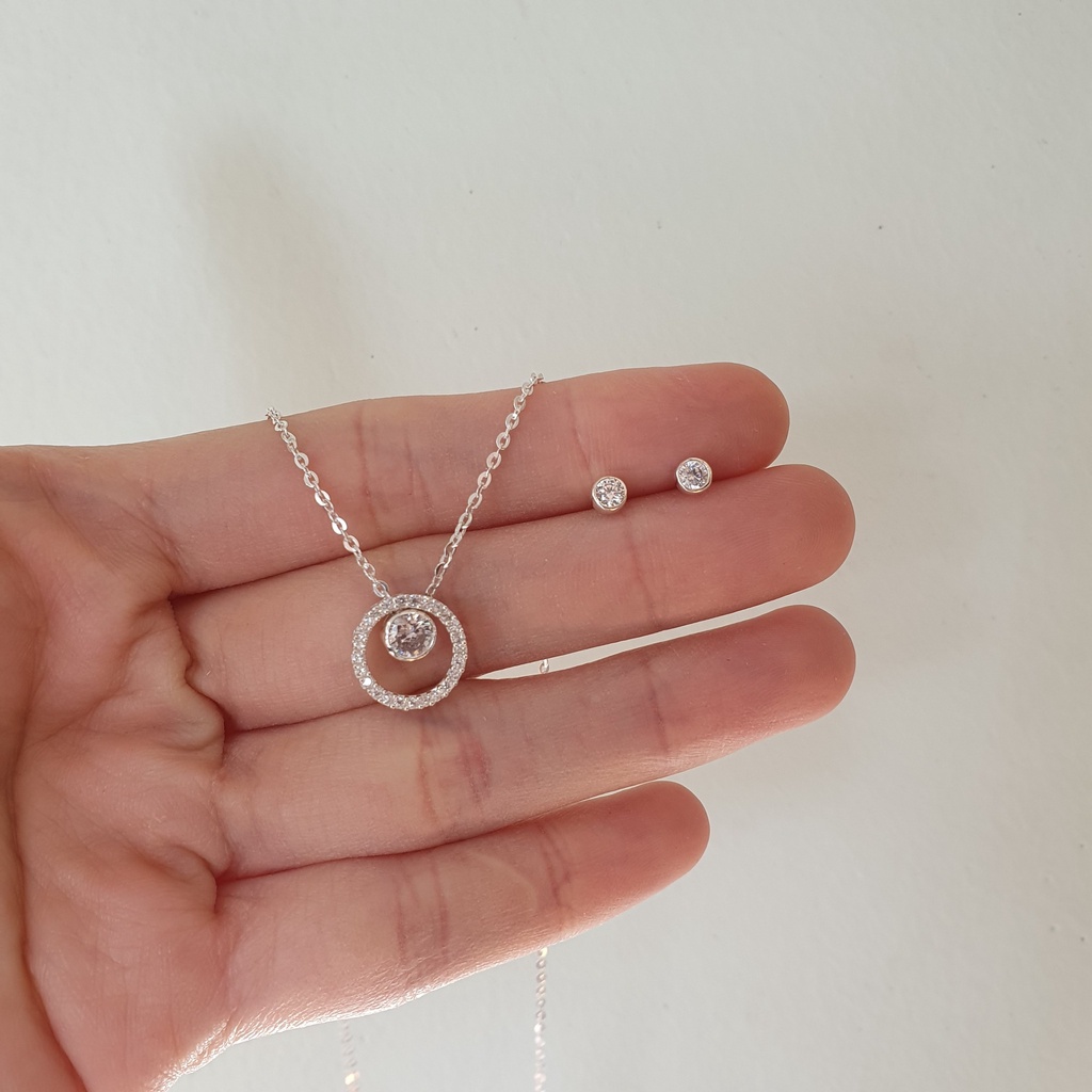 Set bộ dây chuyền vòng tròn lồng đá nhỏ, combo trang sức bạc