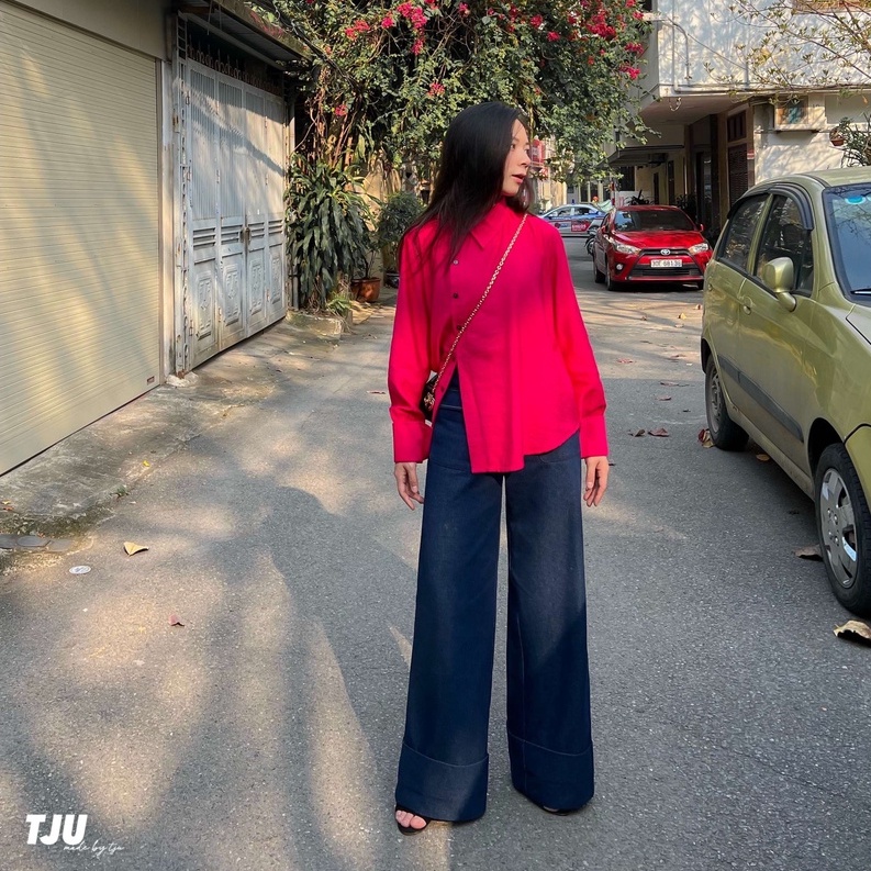 Quần jean nữ cạp cao ống rộng gấu gập phối 2 túi trước, Quần bò nữ ống rộng gập gấu ulzzang, thiết kế T-Ju (jeans cici)