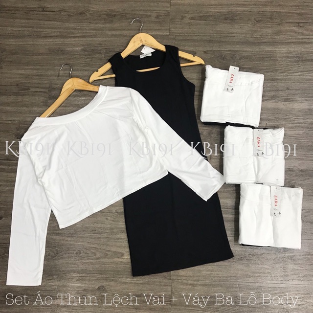 Set Áo Croptop Lệch Vai + Váy Ba Lỗ Body - SD04