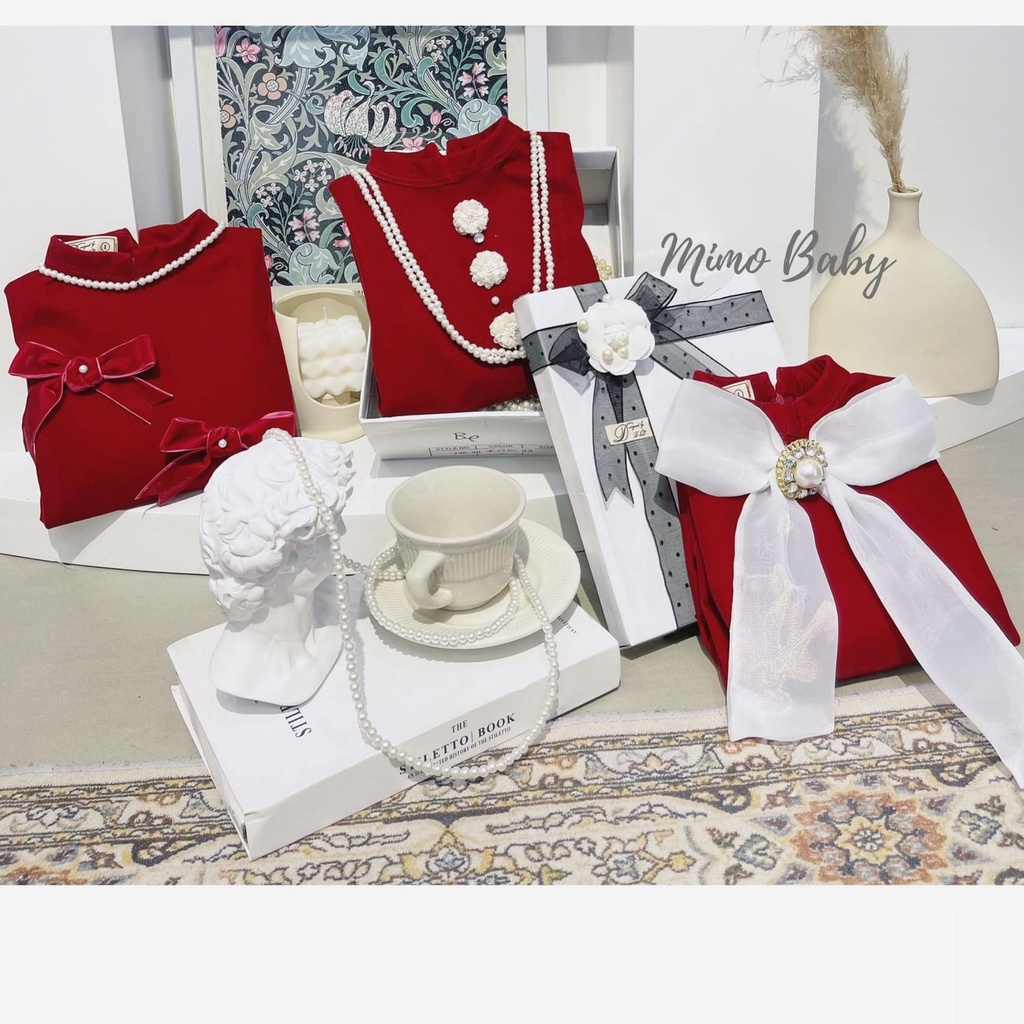 Áo dài nhung đỏ cao cấp hàng thiết kế cho bé gái tặng kèm mấn Mimo Baby AD06