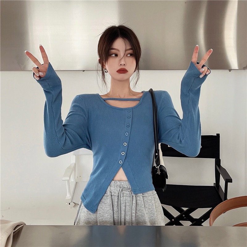 ZHELIHANGFEI Áo Len Tay Dài Lưng Cao Kiểu Dáng Sexy Hợp Thời Trang