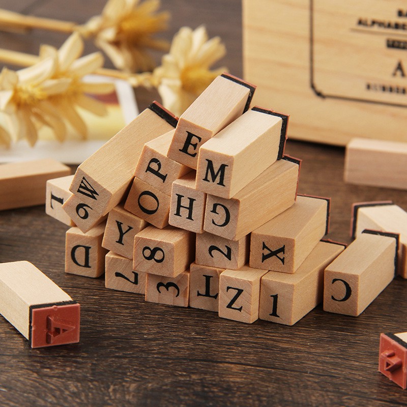 Bộ 36 con dấu gỗ Full bộ chữ cái Alphabet + Chữ số tặng kèm Hộp mực đóng dấu trang trí sổ tay, album