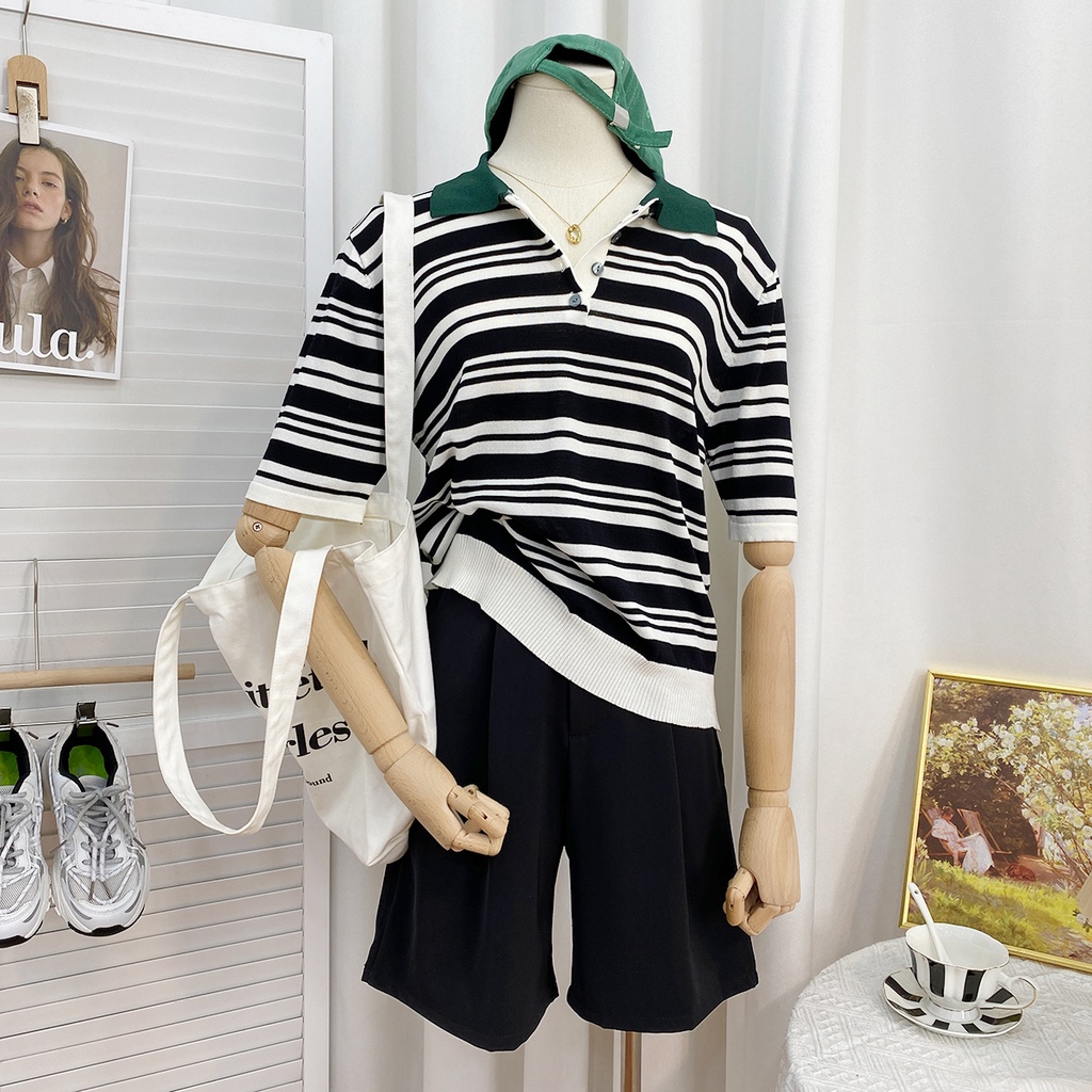 Áo thun polo ZHELIHANGFEI dệt kim ngắn tay họa tiết kẻ sọc tương phản phong cách cổ điển