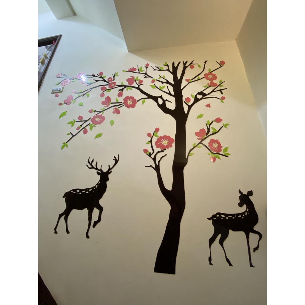 Tranh dán tường mica 3d decor khổ lớn - cây đào hồng, tranh trang trí phòng khách, phòng ngủ Nhiều Size - EPeBen