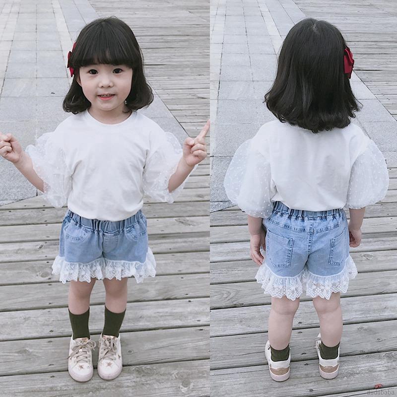 Set Áo Kiểu Tay Phồng Phối Ren Và Quần Short Denim Cho Bé Gái