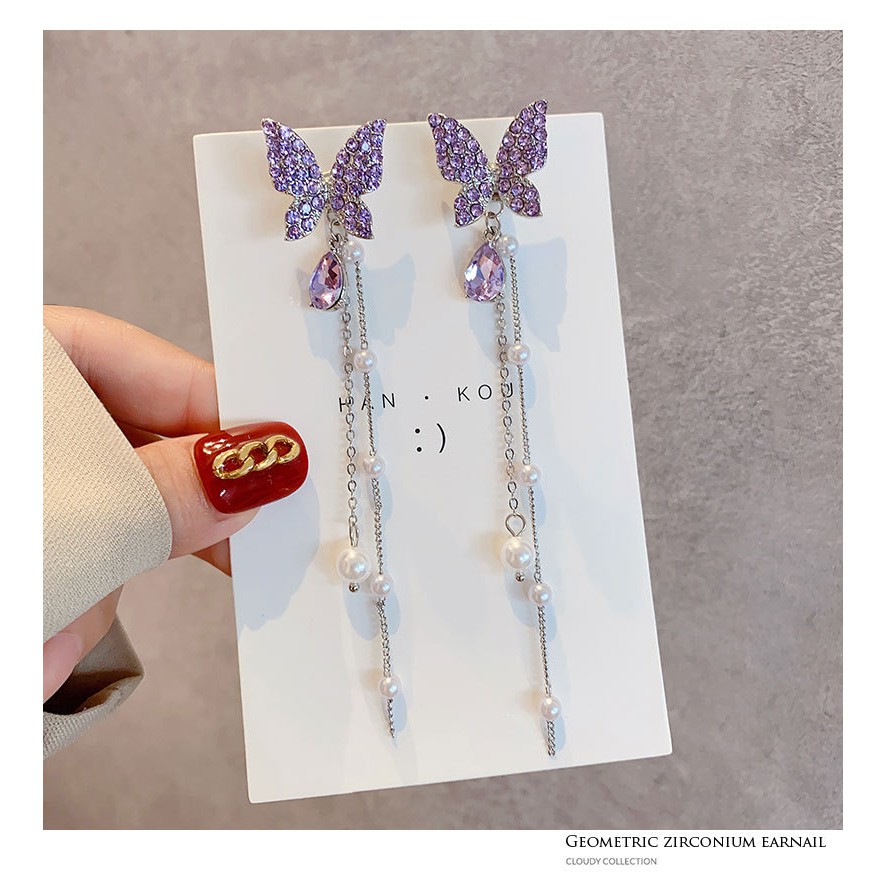 Bông Tai Mạ Bạc 925 Hình Bướm Dáng Dài Đính Đá Sang Trọng