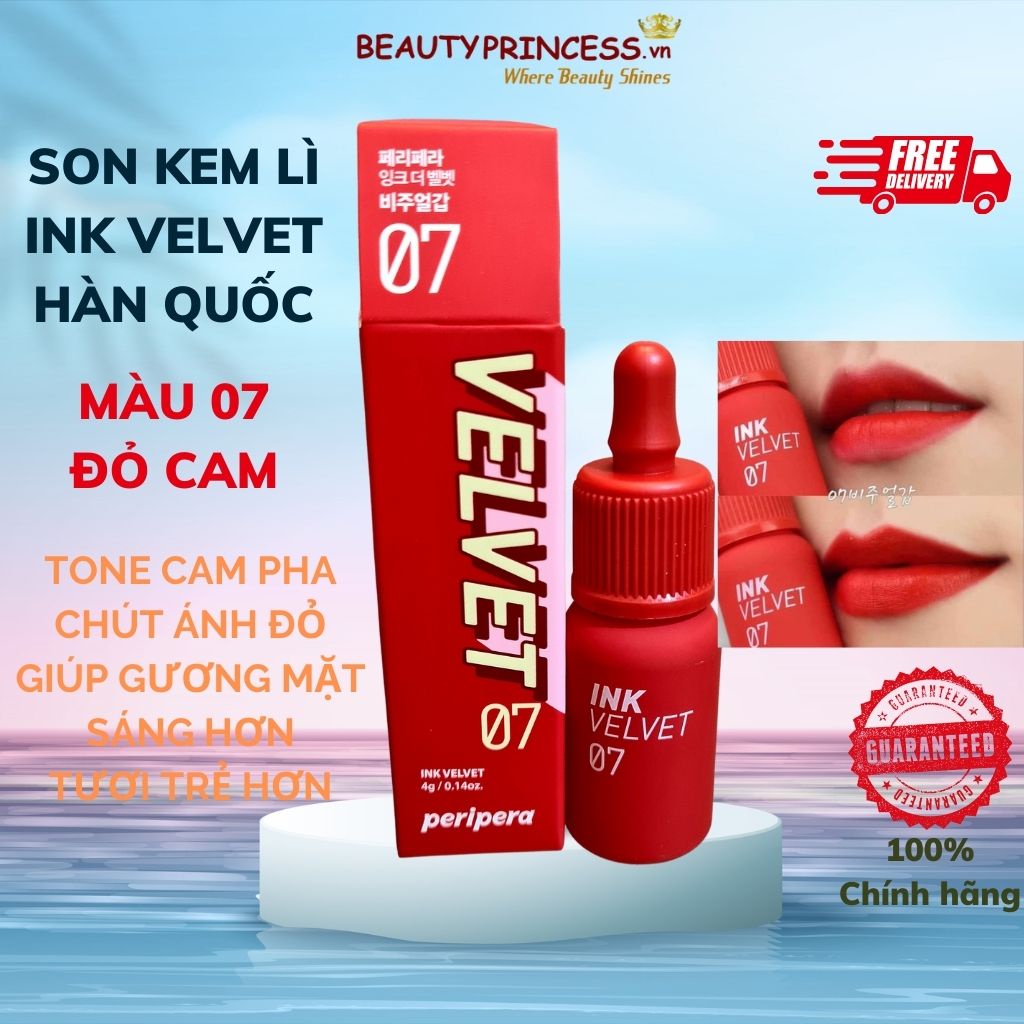 Son kem lì, son ink, Peripera ink velvet màu 07 đỏ cam giúp mặt sáng, tươi trẻ, môi mềm mịn như nhung, không gây khô môi