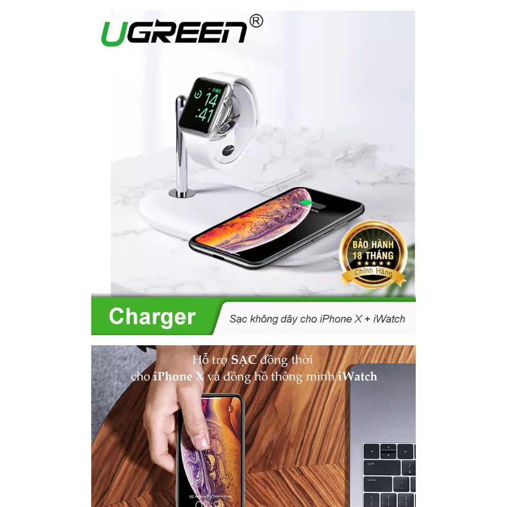 Bộ Sạc không dây cho Iphone + đồng hồ thông minh iWatch Ugreen 50535 Màu Trắng CD178 - 50535,chip MFi