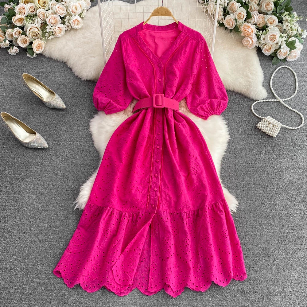 Đầm cổ chân dáng cổ chữ V kèm thắt lưng 7 màu thanh lịch