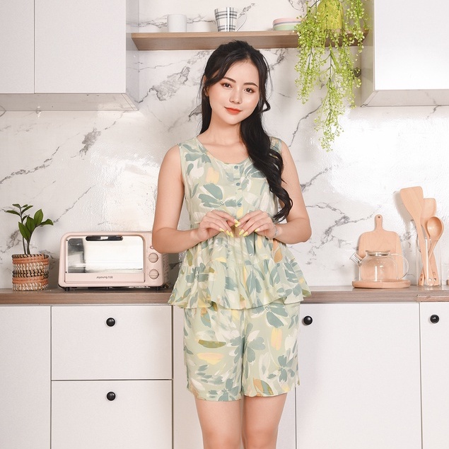 Bộ mặc nhà nữ Việt Thắng, quần đùi, áo sát nách bèo 2 tầng chất lanh B02.2204