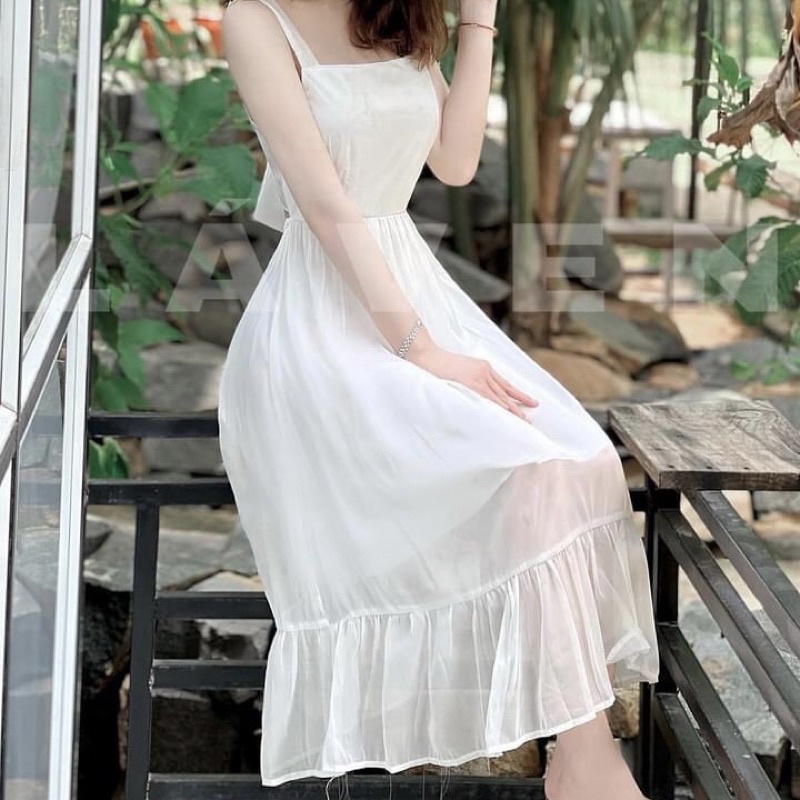 Váy 2 dây maxi có nơ hở lưng Đầm chiết eo 2s bản to có đuôi cá dáng xoè màu trắng