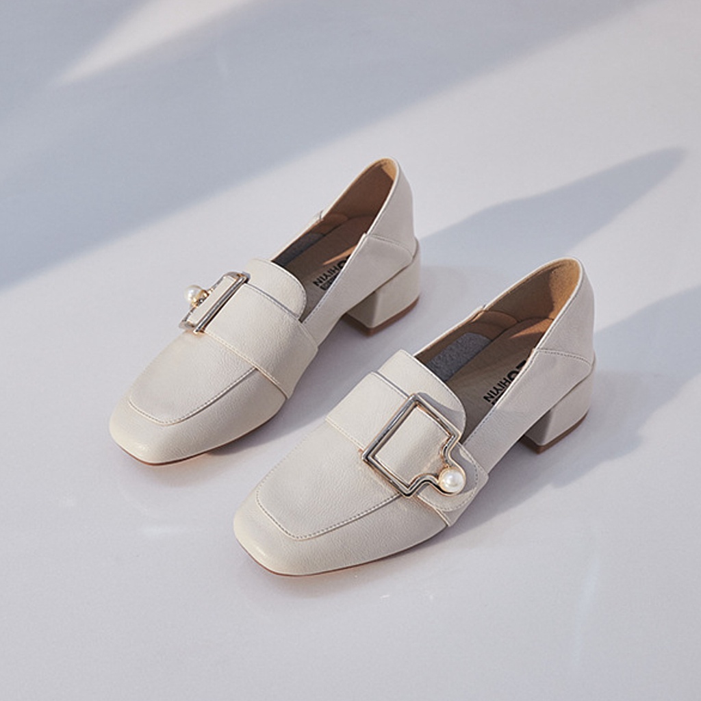 Giày Nữ Dáng Loafer Mũi Vuông Ulzzang Có Khuy Cài Đính Ngọc Gót Vuông 3cm Basic Phong Cách Hàn Quốc - Iclassy_shoes