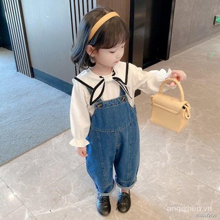 ◕Set Áo Sơ Mi Ca Rô Dài Tay Cổ Bẻ + Quần Yếm Thời Trang Hàn Cho Bé Gái 2021