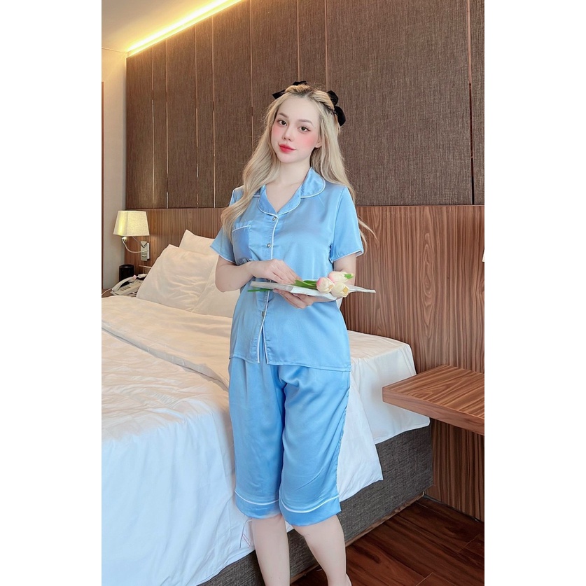 Đồ ngủ pijama lửng có túi áo vải satin họa tiết trơn siêu xinh freesize dưới 58kg
