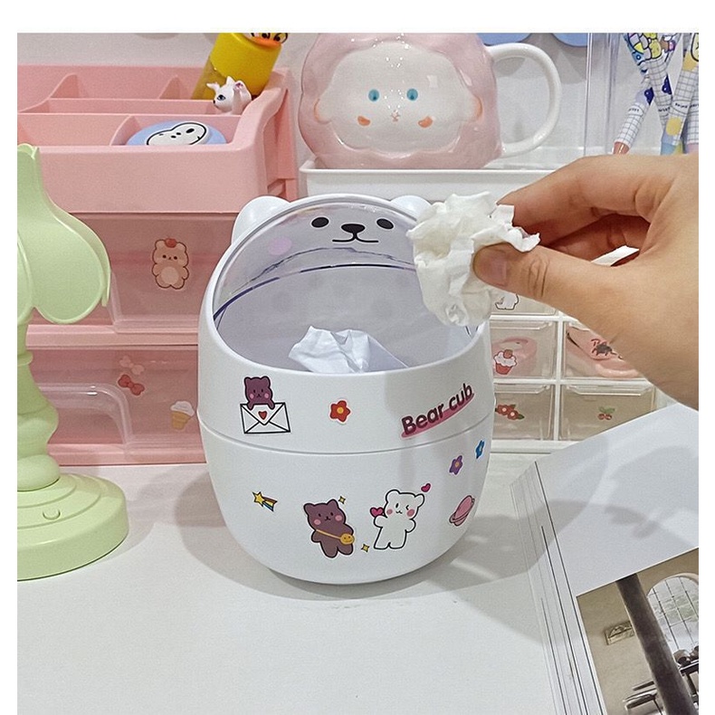 ( Có sticker ) Thùng rác mini hình gấu mèo để bàn, hộp đựng bút để bàn đa năng, tiện dụng