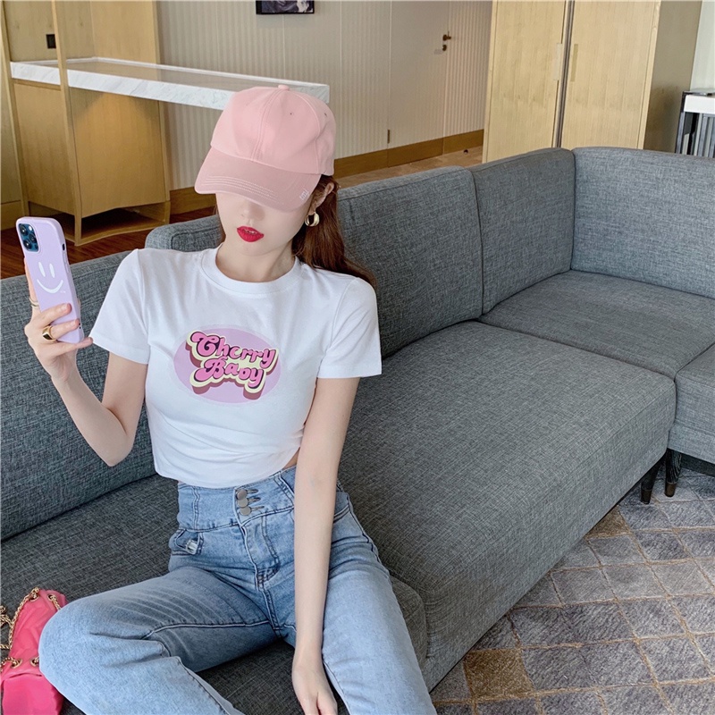 Áo thun tay ngắn dáng ôm in chữ màu hồng thời trang mùa hè hàng mới dành cho bạn nữ