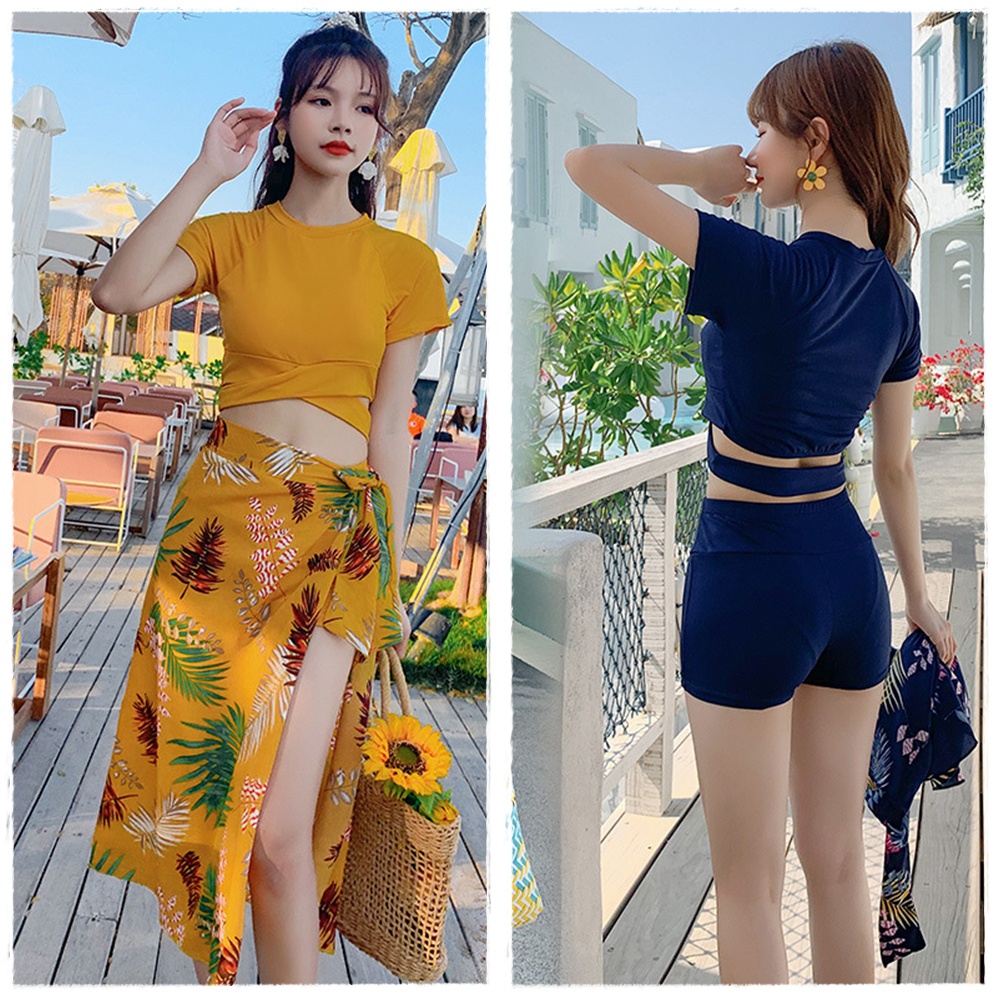 Bộ đồ bơi ba món kín đáo với áo bơi có tay, quần short và khăn choàng họa tiết cây lá mùa hè kiểu dáng Hàn Quốc 8107