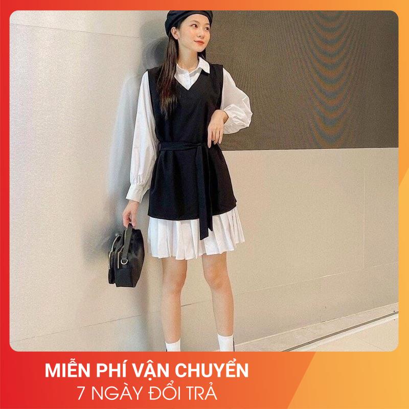 [Video/Ảnh thật] Set bộ váy vintage sơ mi 2 món 24APRIL 🌸 Sơ mi váy chất lụa hàn kèm đai 🌸Bộ đồ nữ váy vintage 🌸 | BigBuy360 - bigbuy360.vn