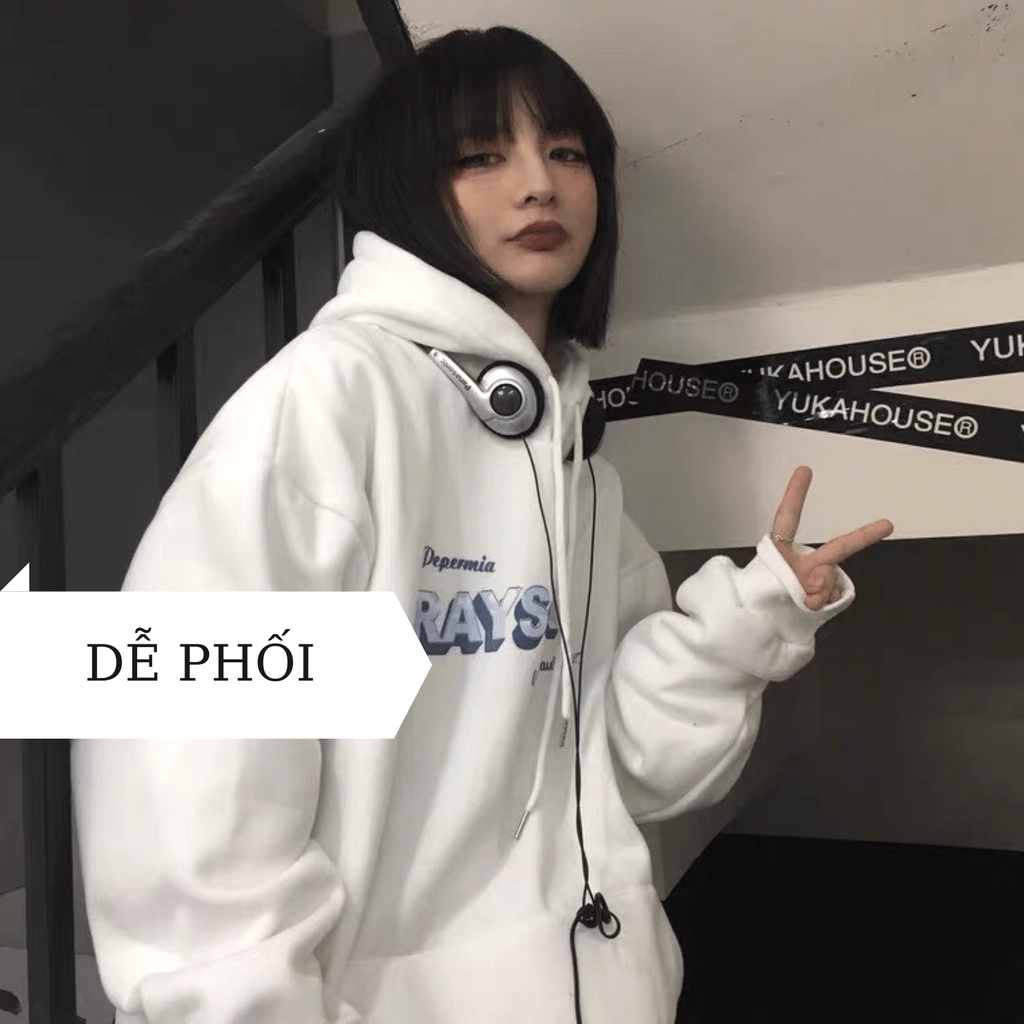 Áo hoodie nỉ basic hai màu đen trắng, áo nỉ có mũ dày dặn logo chữ RAYSORAN AHRAY | BigBuy360 - bigbuy360.vn