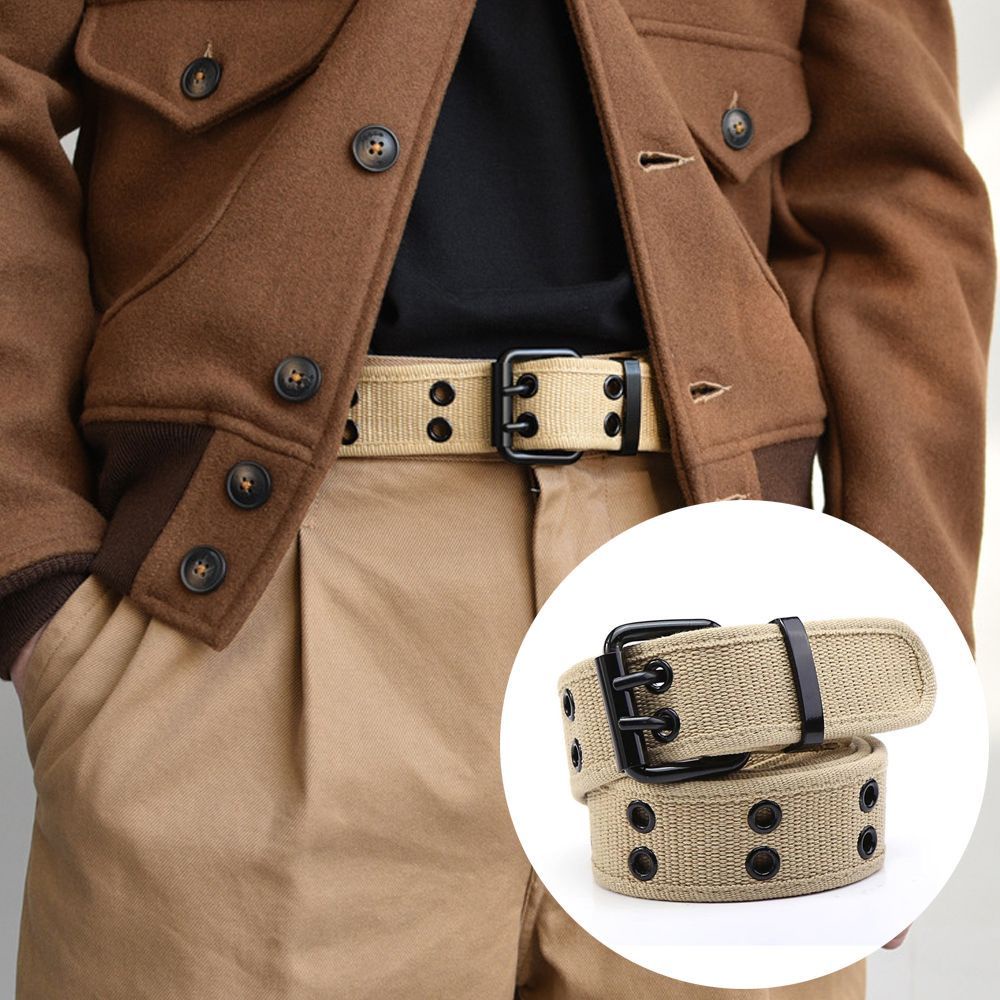 Thắt lưng canvas hai hàng lỗ khóa kim loại có thể điều chỉnh thời trang Hàn Quốc retro màu tùy chọn cho nam
