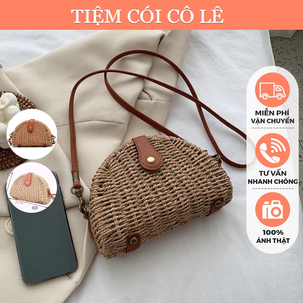 Túi cói đi biển mẫu vintage dáng sò đeo chéo vai tiện lợi - Tiệm Cói Cô Lê