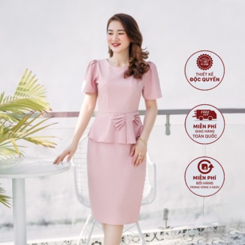 Đầm công sở dáng ôm thiết kế form đầm trung niên - Cổ tròn peplum phối nơ - Hồng nhạt - TTV767 TTV Store