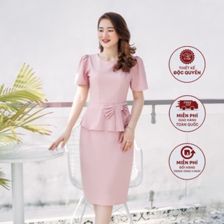 Đầm công sở dáng ôm thiết kế form đầm trung niên - Cổ tròn peplum phối nơ - Hồng nhạt - TTV767 TTV Store