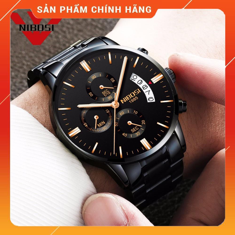 Đồng hồ nam Nibosi 1985 NI2309 thể thao chạy 6 kim - Full Đen kim vàng