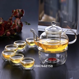 Bộ ấm trà thuỷ tinh cao cấp kèm đế nến