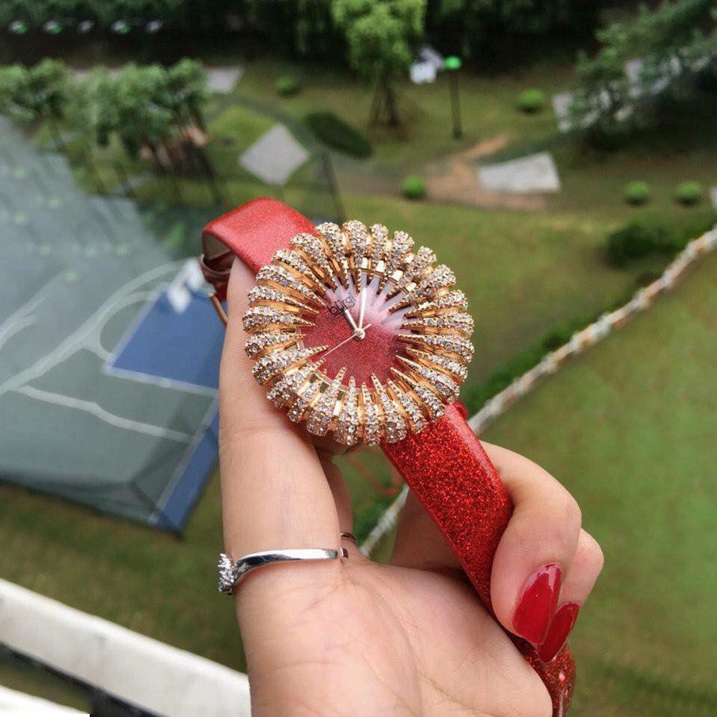 Đồng hồ nữ burgi mâm xôi đính đá dây da siêu xinh