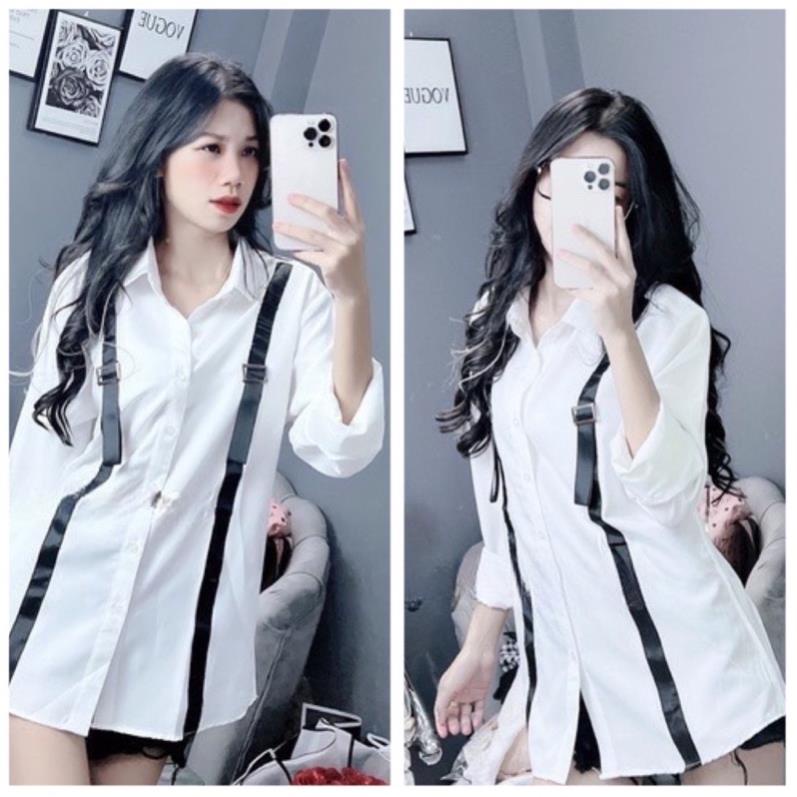 Áo Sơ Mi Sọc Phối Khuy Trắng Tay Dài Nam Nữ(Hàng Sẵn)