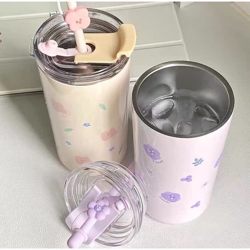 Bình nước giữ nhiệt cao cấp hãng Face  hoạ tiết hoa cherry , anh đào dễ thương phong cách Hàn Quố