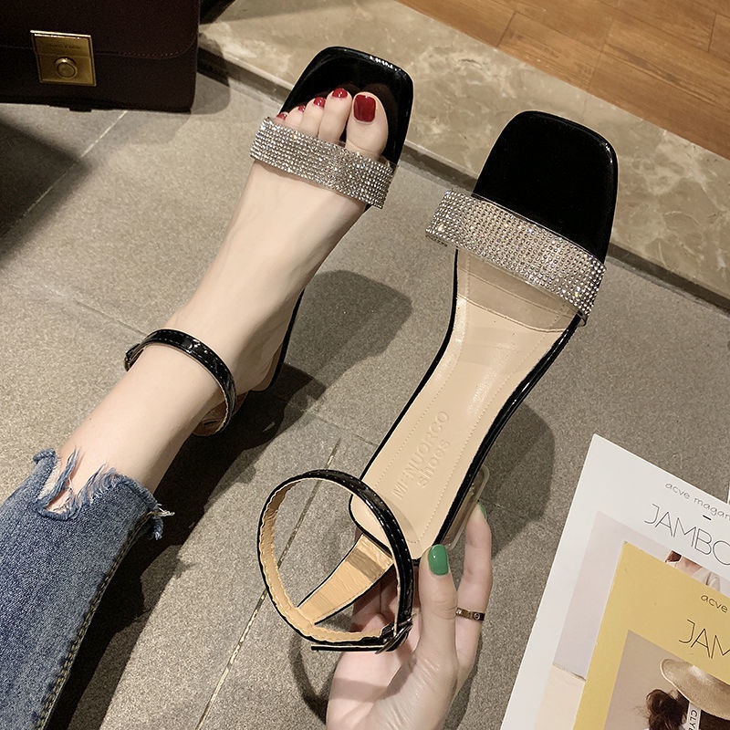 Giày Sandal Cao Gót Dày Hở Ngón Mũi Vuông Quai Da Mềm Đính Đá Thời Trang Mùa Hè Dành Cho Nữ 2021