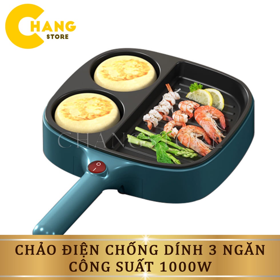 Chảo Đá Chống Dính 3 Ngăn Căm Điện Cao Cấp Công Suất Lớn 1000W Tiện Lợi