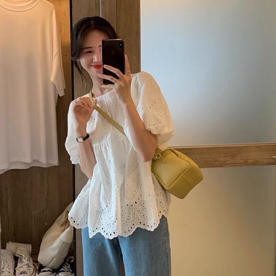 Áo Sơ Mi Trắng Tay Ngắn Phồng Thêu Họa Tiết Phong Cách Pháp Mẫu Mới Mùa Hè 2022 Thời Trang Cho Nữ