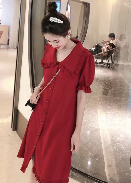 Đầm đỏ suông cổ bèo nút bọc (kèm hình thật) | BigBuy360 - bigbuy360.vn