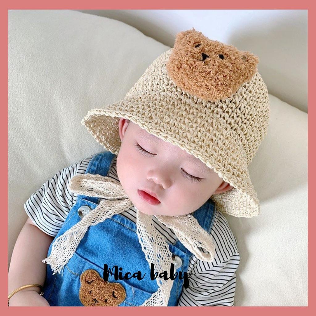 Mũ bucket chất cói mềm đính gấu bông xù dễ thương cho bé MH178 Mica Baby