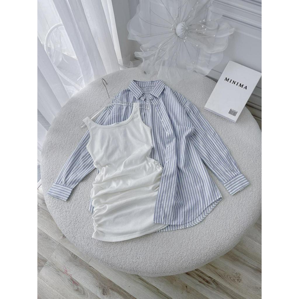 SET ĐẦM TRẮNG NHÚN + SƠ MI KẺ XANH