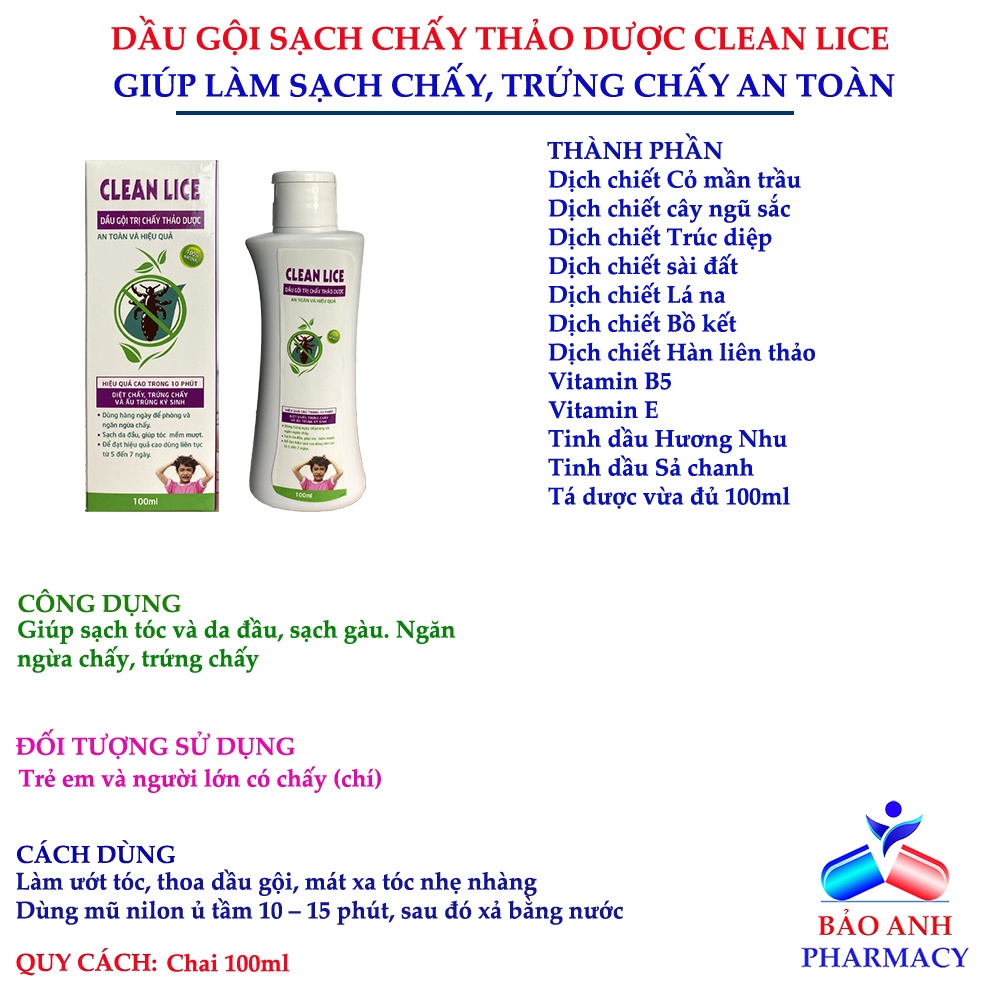 Dầu gội sạch chấy thảo dược CLEAN LICE an toàn, hiệu quả. Giúp làm sạch chấy và trứng chấy sau 3-5 ngày – Chai 100ml