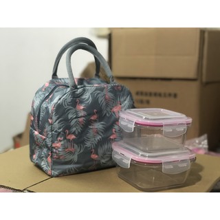 COMBO Túi giữ nhiệt có khóa kéo và hộp cơm thủy tinh vuông ( 520+800ml )