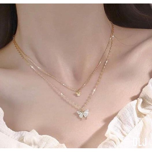 DÂY CHUYỀN 2 TẦNG MẶT HÌNH CON BƯỚM CHUẨN BẠC TA XI VÀNG TGJ12.87