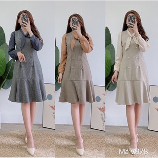 Váy suông dạ đuôi cá cúc bọc tay dài cổ nơ,đầm suông rộng freesize 3 màu mã V978 - Michi's House