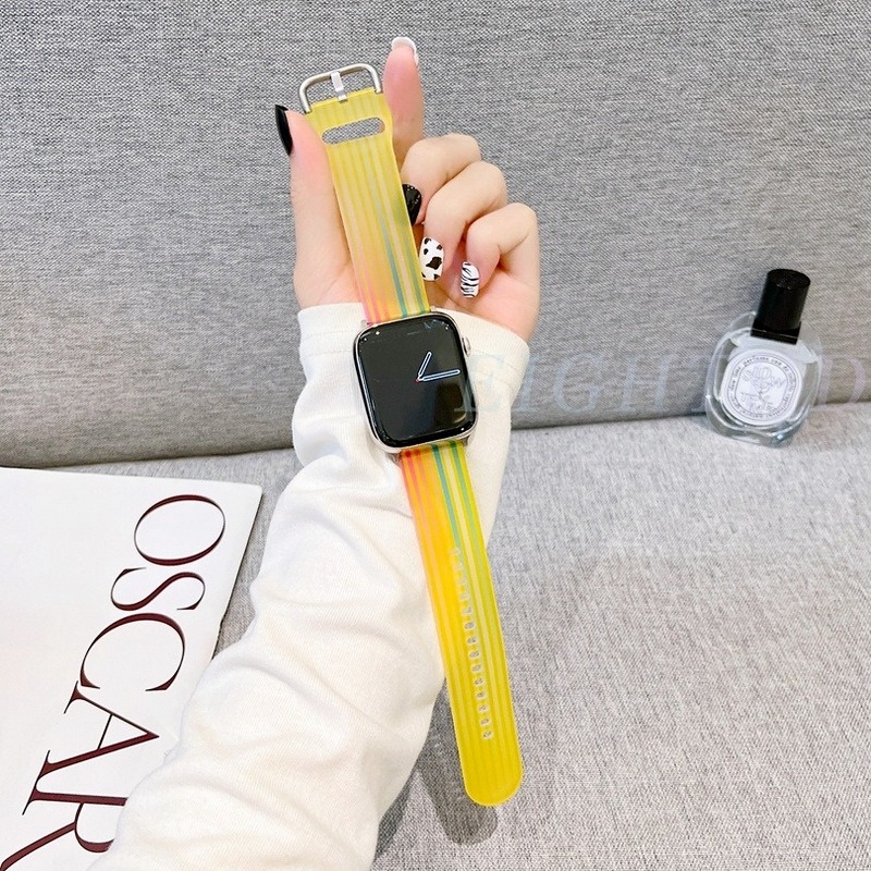 Dây Đeo Đồng Hồ Bằng Silicon Họa Tiết Đá Hoa Cương Màu Cầu Vồng 42mm 38mm 40mm 44mm 45mm 41mm Series 7 6