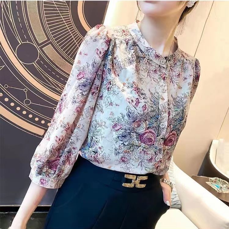 Áo Sơ Mi Chiffon Tay Lỡ 3 / 4 In Hoa Kiểu Vintage Thời Trang Cho Nữ